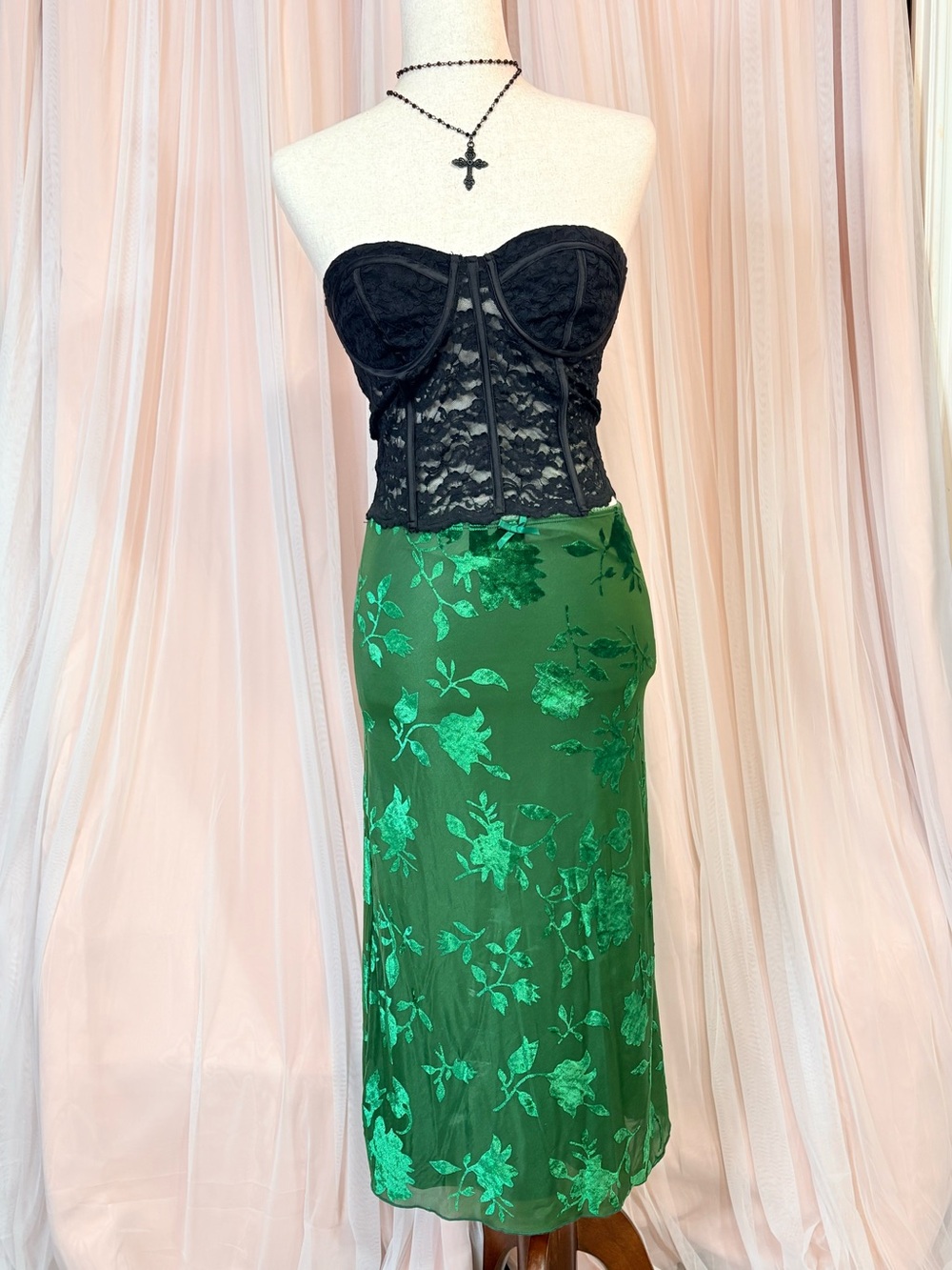 Emerald Floral Satin Midi Skirt